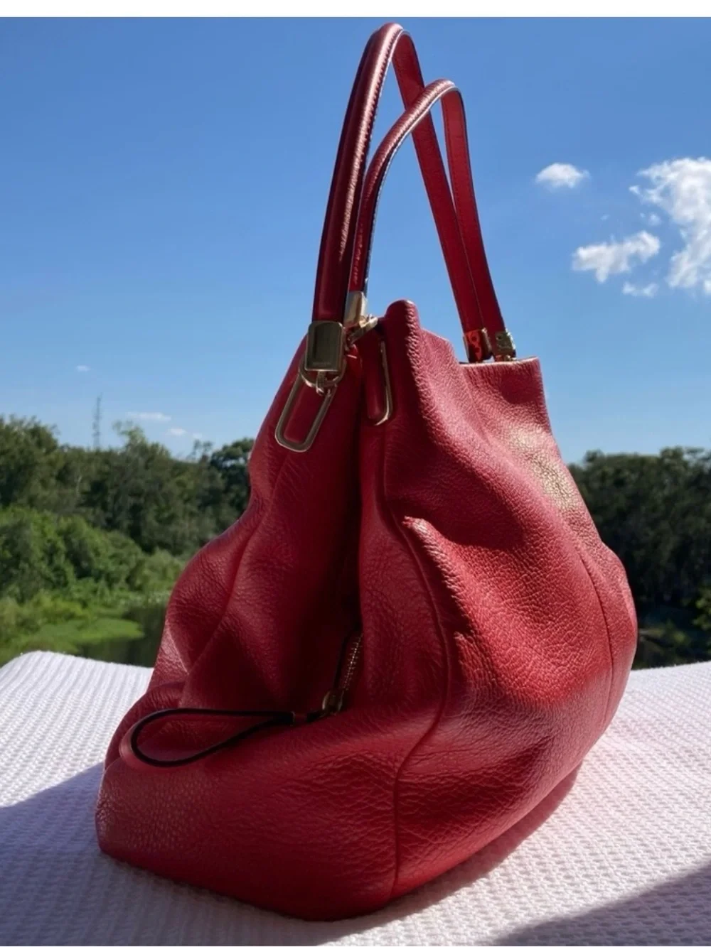 COACH Madison Phoebe Tumbled Cardinal Red Leather 3 Section Shoulder Bag